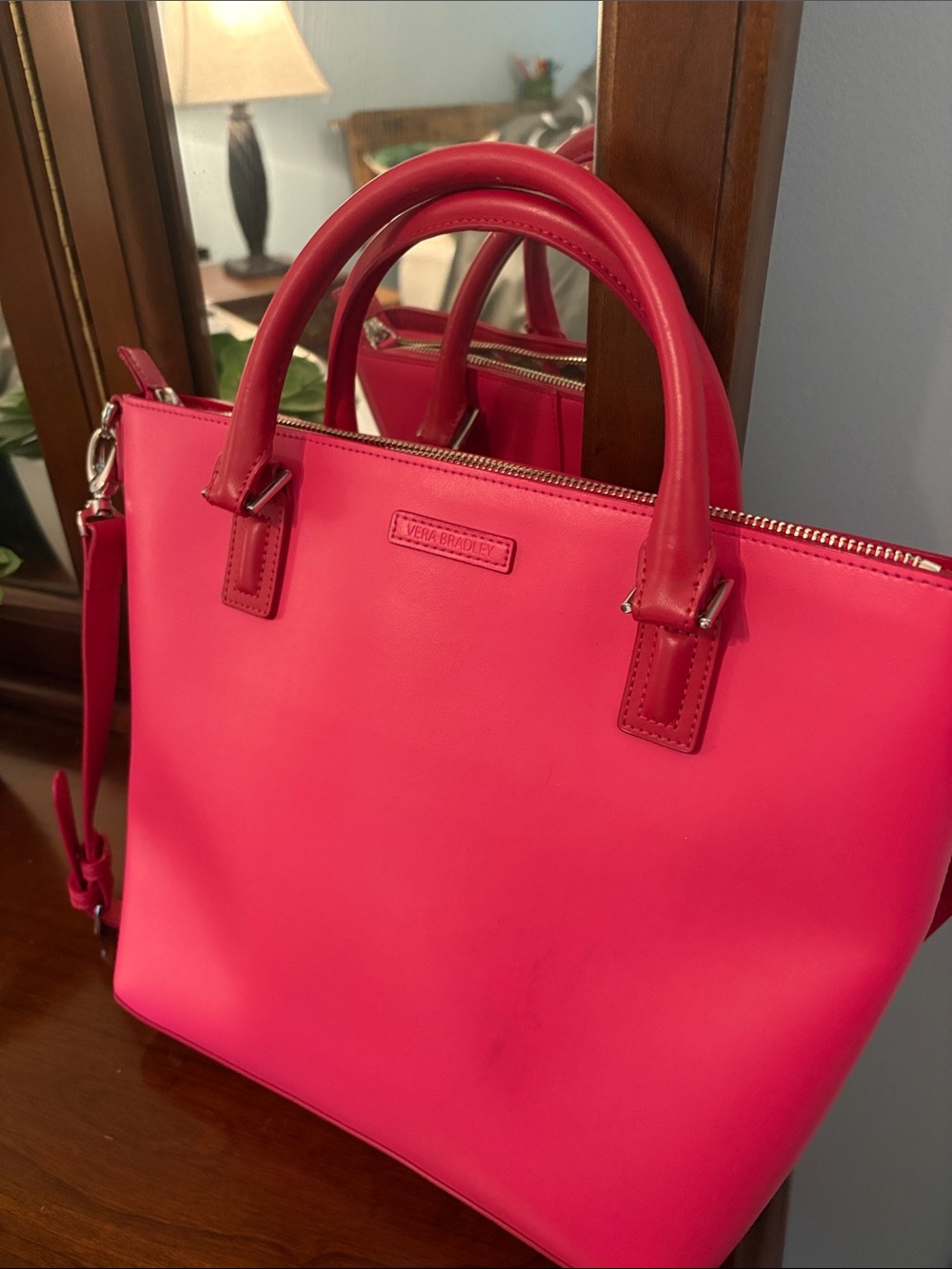 Vera Bradley Hot Pink Leather Tote Handbag - Women's Shoulder Bag - Picture 4 of 5